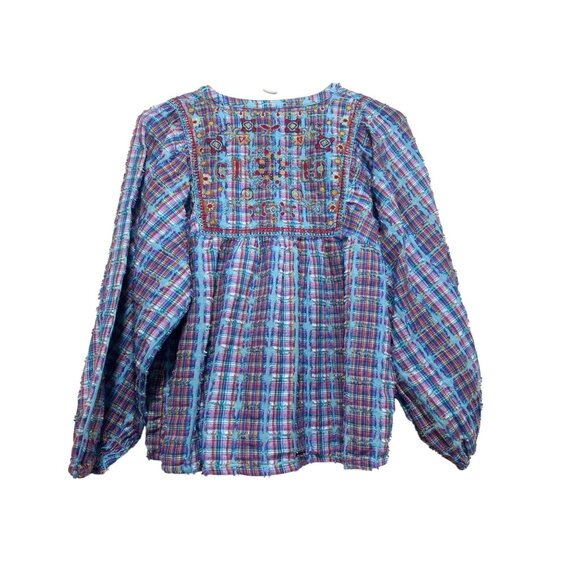 Sundance Peasant Embroidered Top Women Small Blue Plaid Puff Sleeves Boho Dainty - Picture 4 of 16